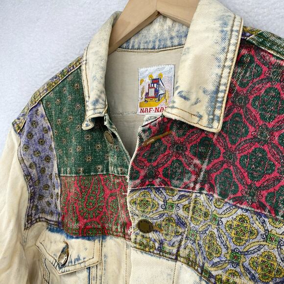 NAF NAF Jacket Mens S Bandana Patchwork Trucker Acid Washed Denim Blue VTG - Picture 2 of 16